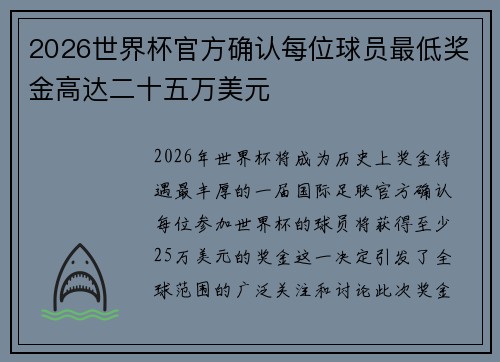 2026世界杯官方确认每位球员最低奖金高达二十五万美元